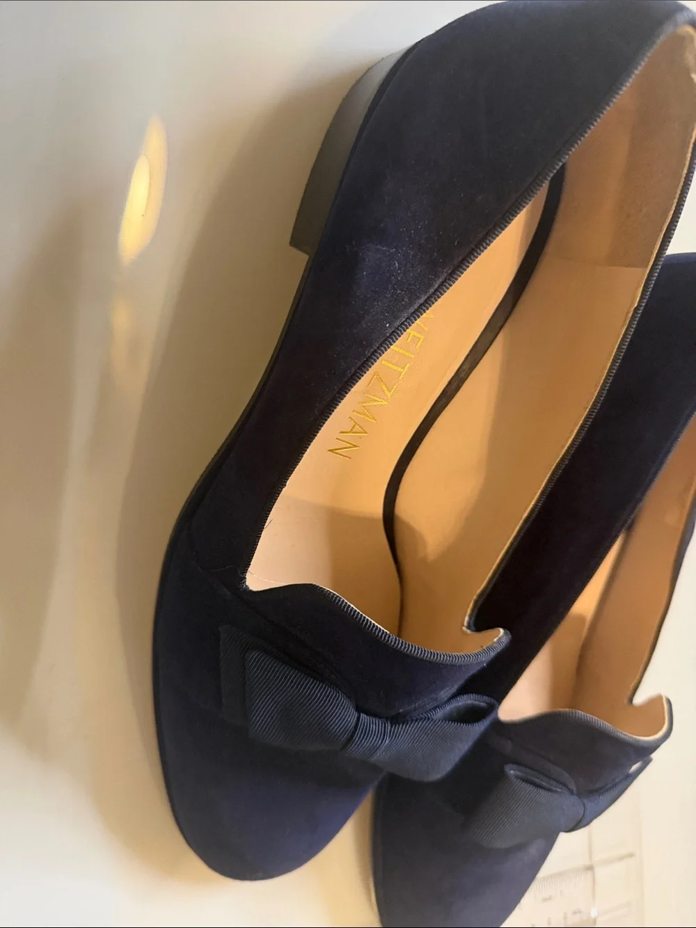 Stuart Weitzman Navy Suede Bow Loafers - Women's